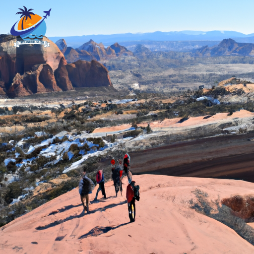 An image of a diverse group of travelers exploring Utah's red rock landscapes with a backdrop of snow-capped mountains, showcasing the adventure and beauty of the region